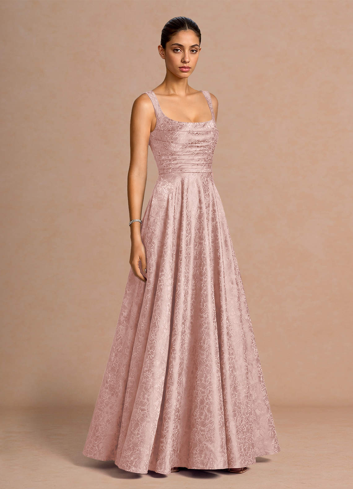 Elowena A-Line Square-Neck Satin Jacquard Evening Dress in Light Pink