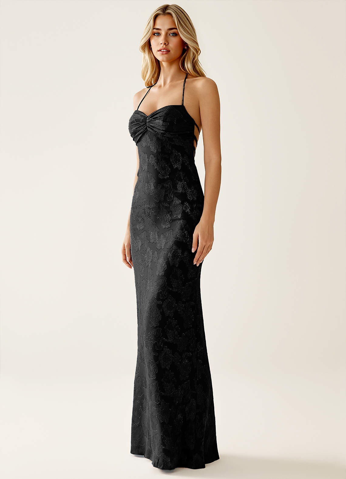 Angena Sheath Halter Floral Burnout Evening Dress in Black