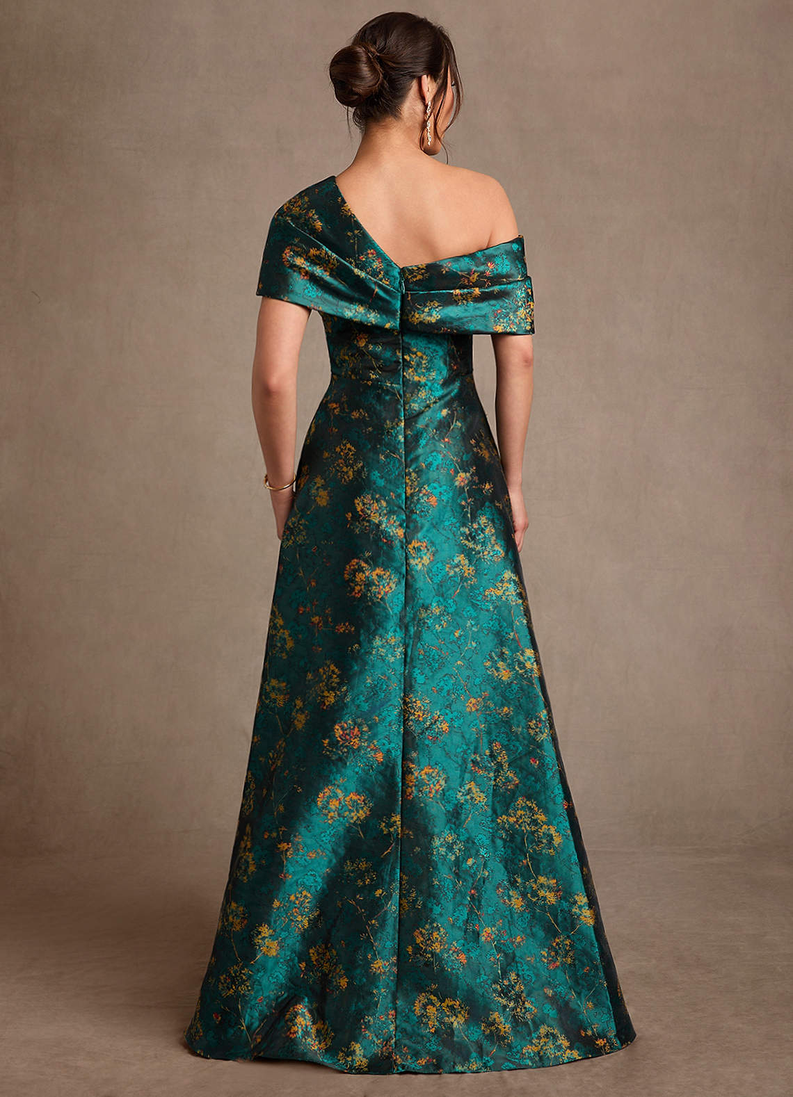 Nonie A-Line Off-the-Shoulder Jacquard Mother of the Bride Dress in Deep Green
