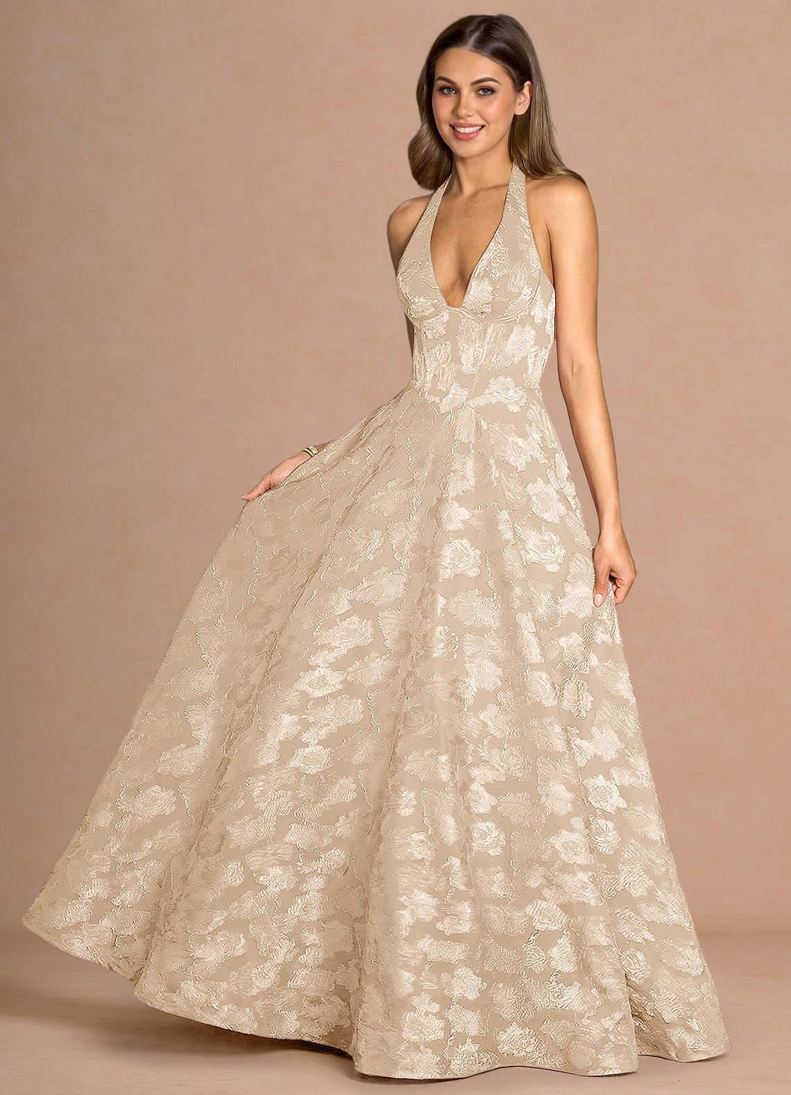 Isabeau A-Line V-Neck Fil Coupé Evening Dress in Lemon Sorbet