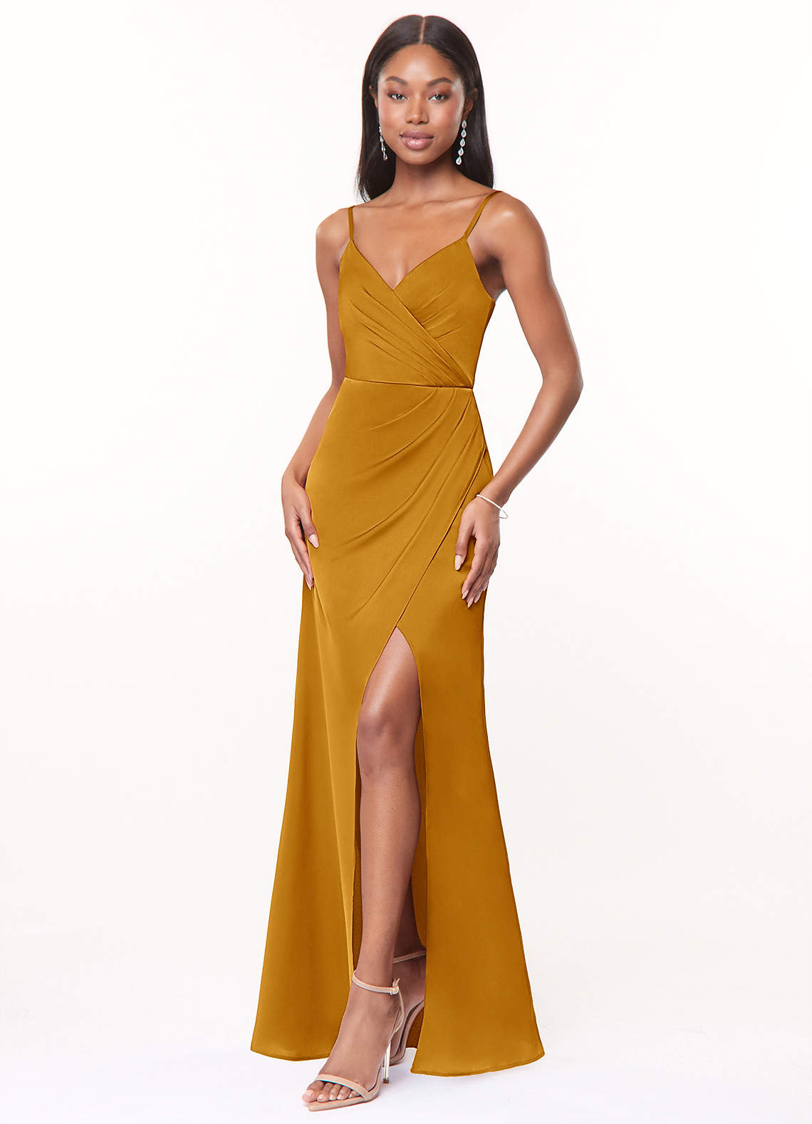 Maci A-Line V-Neck Stretch Satin Bridesmaid Dress in butterscotch