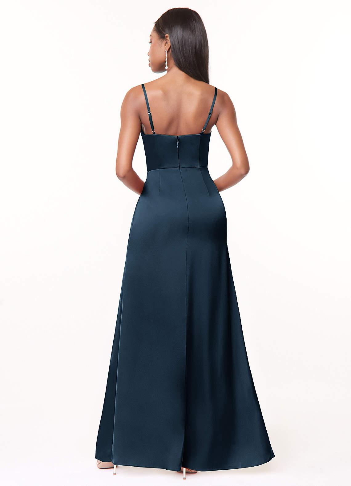 Maci A-Line V-Neck Stretch Satin Bridesmaid Dress in Dark Navy