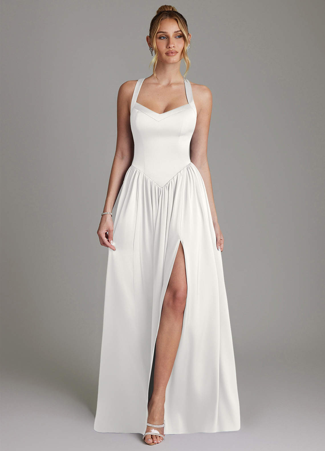 Francis A-Line V-Neck Stretch Satin Bridesmaid Dress in white