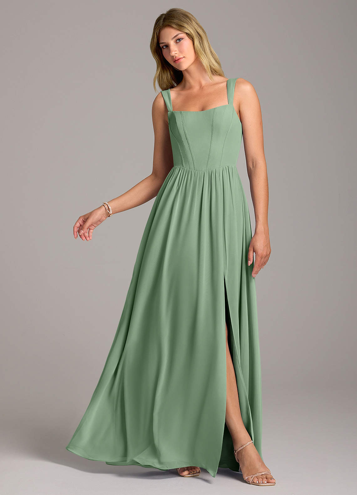 Rosaline A-Line Square-Neck Chiffon Bridesmaid Dress in Matcha