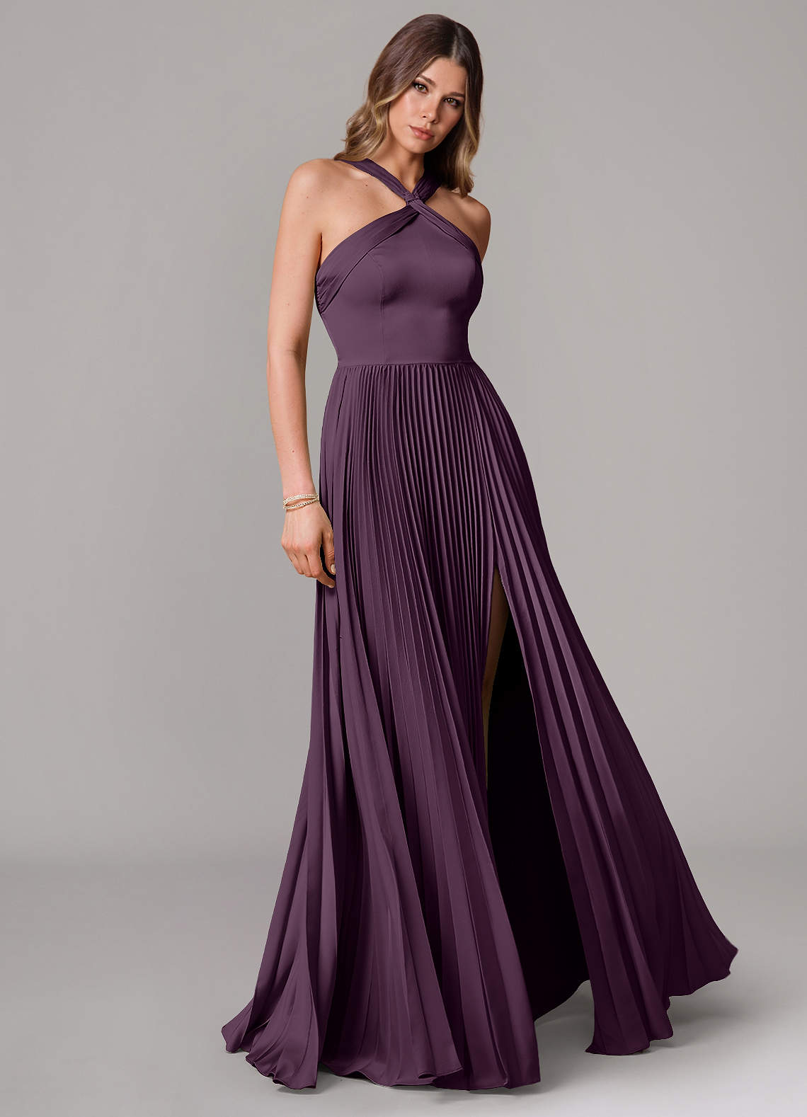 Afra A-Line Halter-Neck Stretch Satin Bridesmaid Dress in Plum