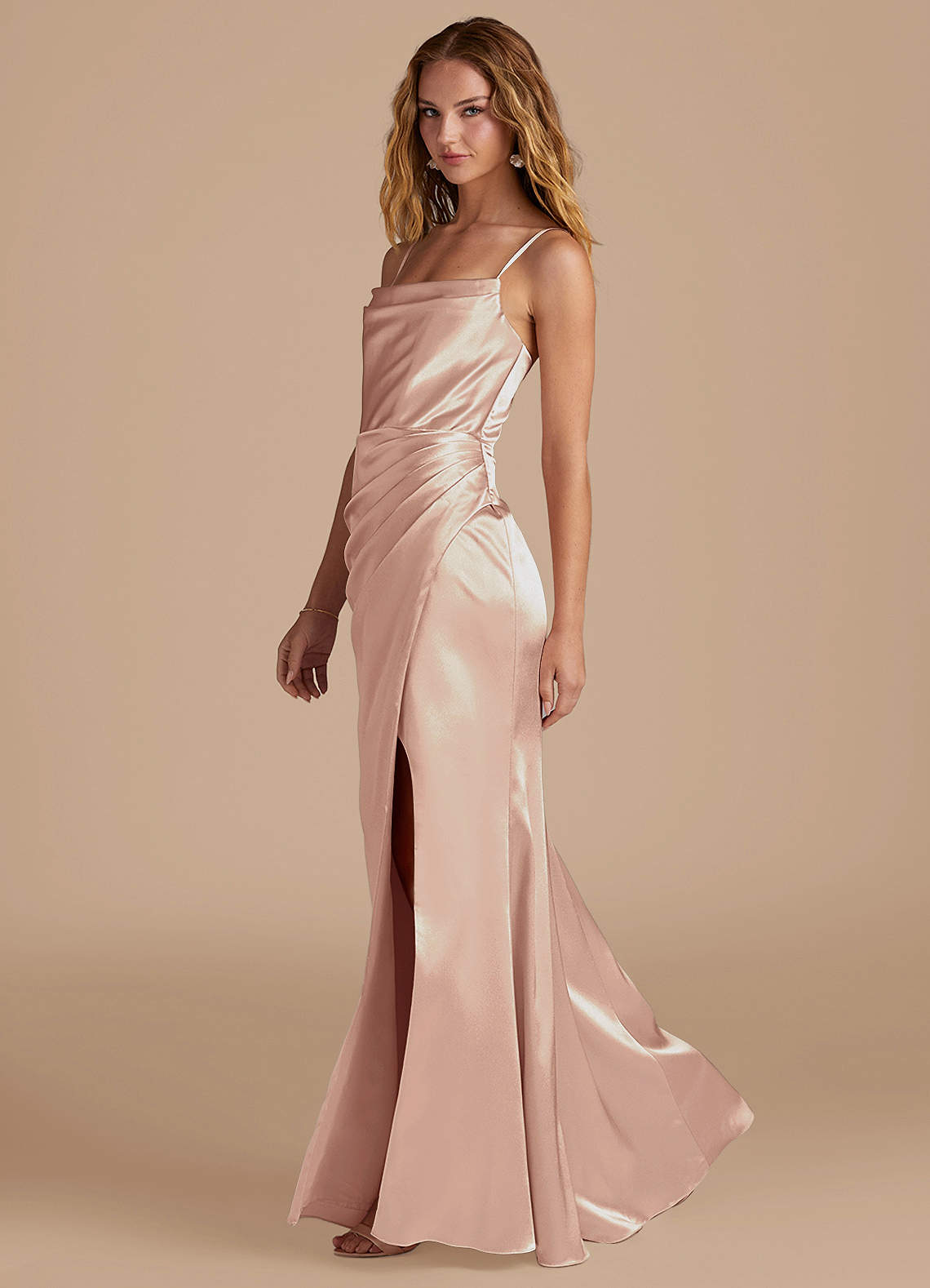 Marzia Mermaid Square-Neck Metallic Satin Bridesmaid Dress in English Rose