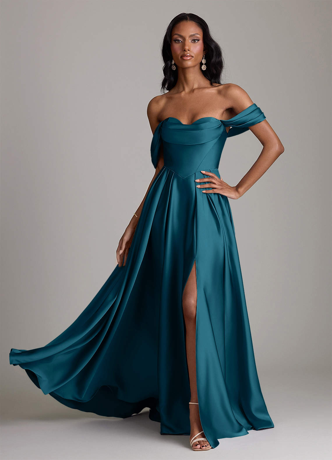 Loisa A-Line Off-the-Shoulder Stretch Satin Bridesmaid Dress in Ink Blue