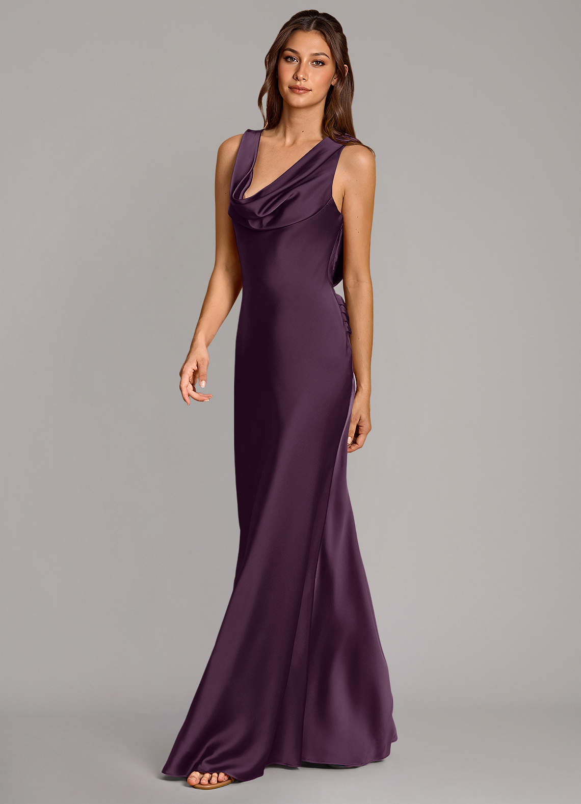 Cheryl Mermaid Cowl-Neck Stretch Satin Bridesmaid Dress in Plum