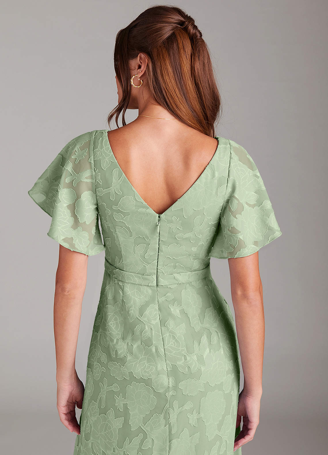 Ambrosia A-Line V-Neck Floral Burnout Bridesmaid Dress in Dusty Sage