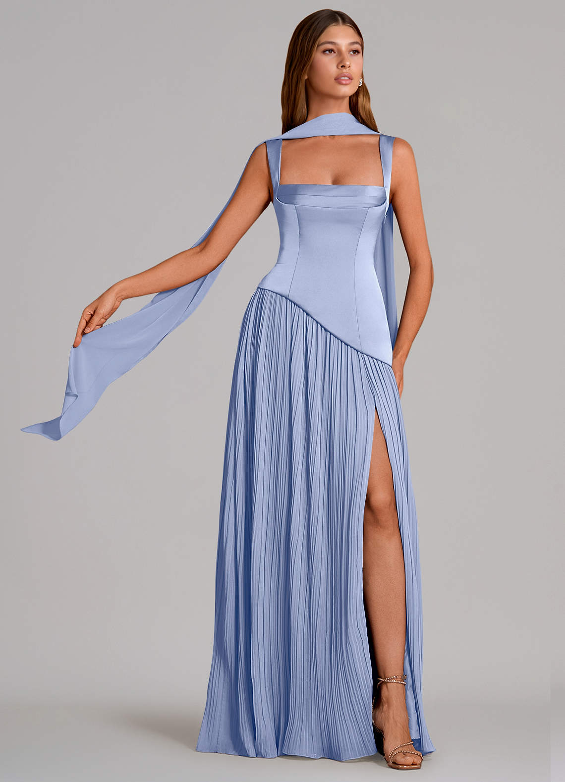 Stephanie A-Line Square-Neck Stretch Satin and Chiffon Bridesmaid Dress in Ice