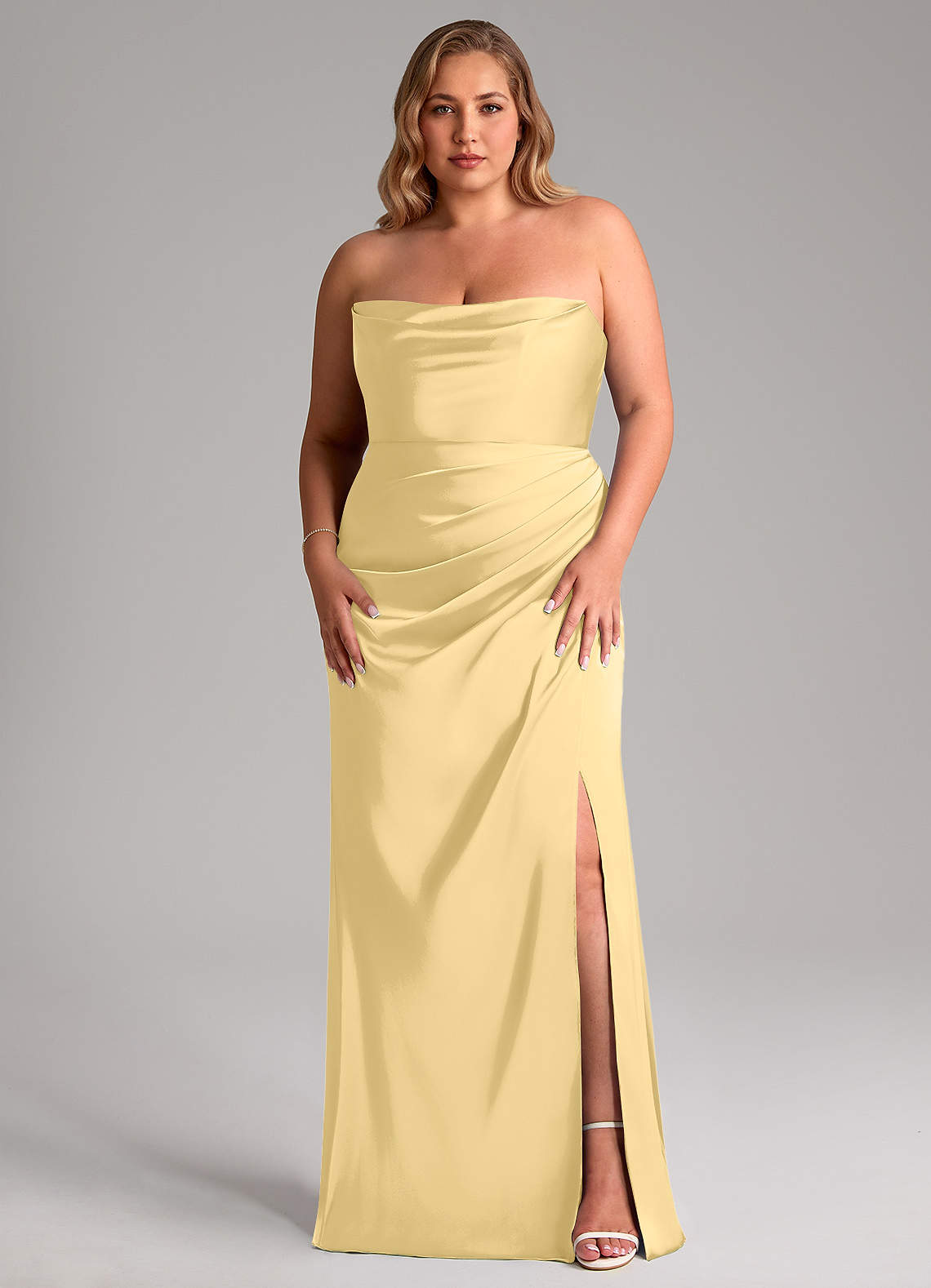 Leonis Mermaid Cowl-Neck Stretch Satin Bridesmaid Dress in Butter