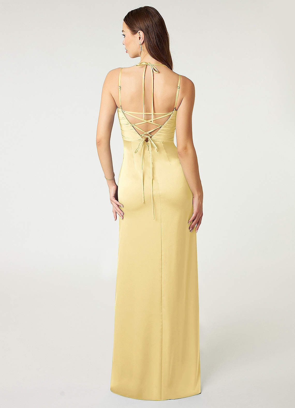 Desi Sheath Halter Stretch Satin Bridesmaid Dress in Butter