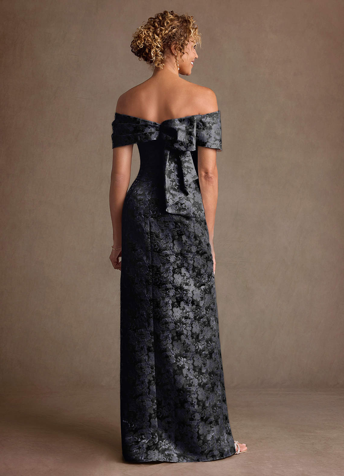 Zion Sheath Off-the-Shoulder Jacquard Mother of the Bride Dress in black