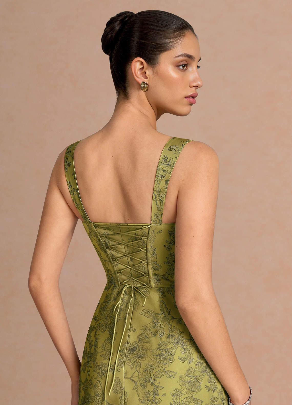 Agustina Square-Neck Pleated Jacquard Evening Dress in Moss Navy