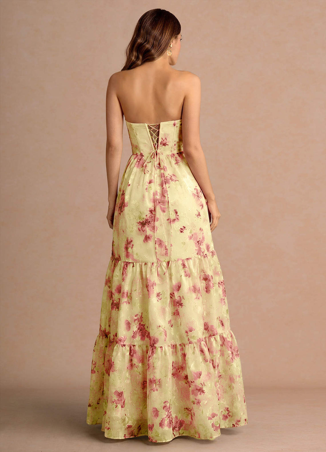 Gigi A-Line Spaghetti-Strap Printed Fil Coupé Evening Dress in Light Yellow