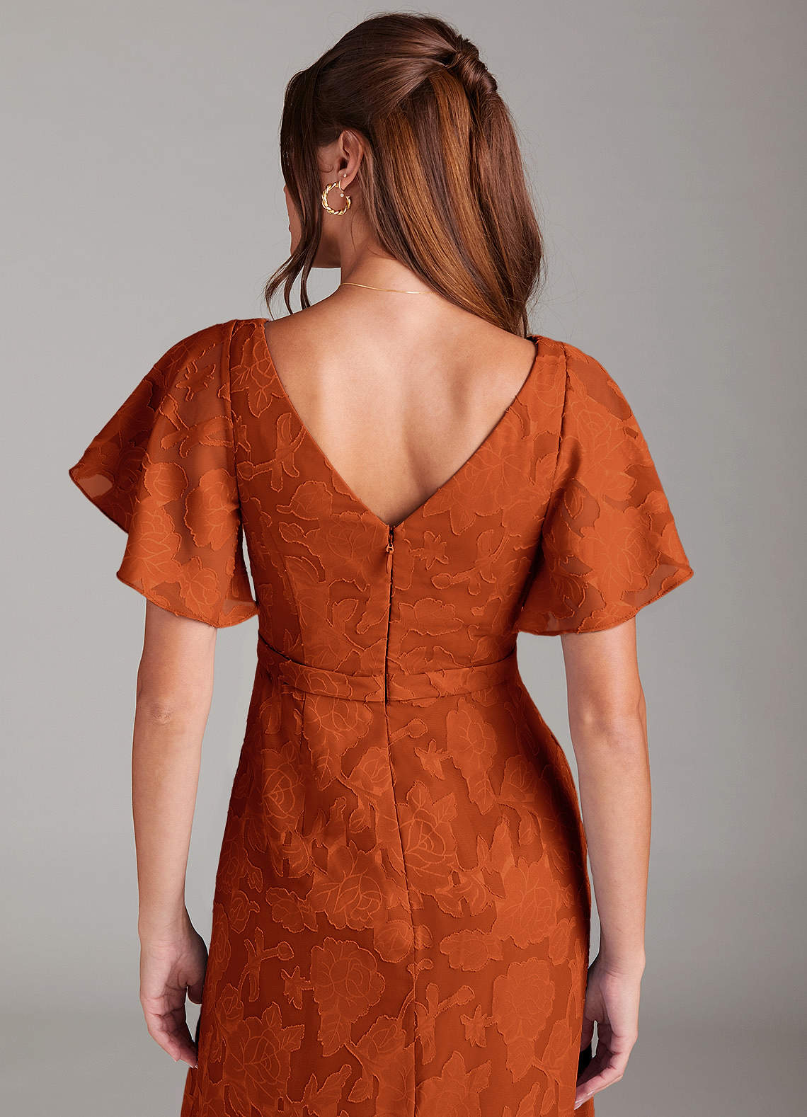 Ambrosia A-Line V-Neck Floral Burnout Bridesmaid Dress in Paprika