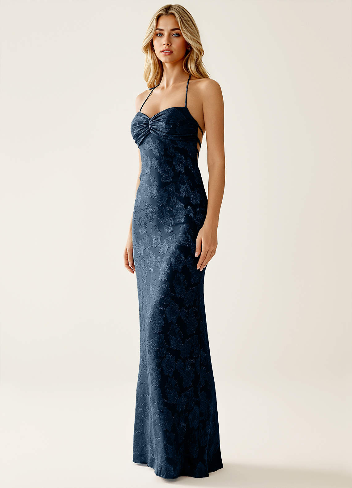 Angena Sheath Halter Floral Burnout Evening Dress in Navy