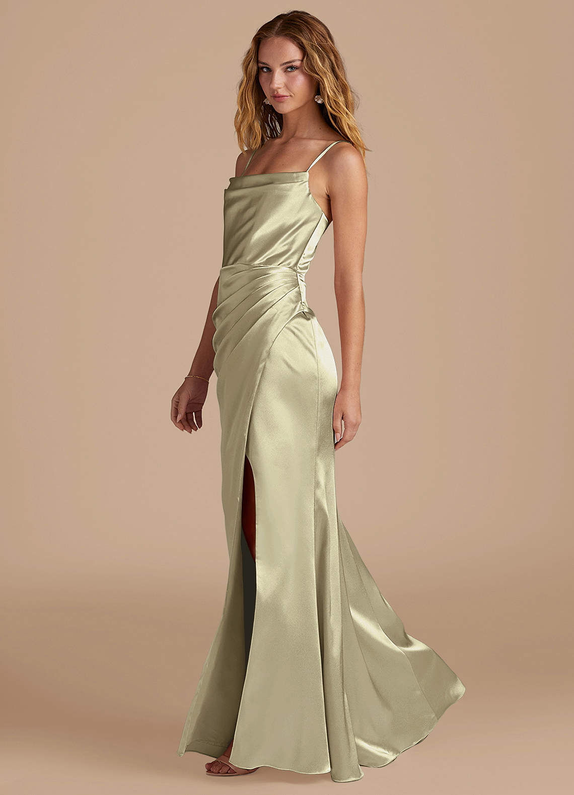Marzia Mermaid Square-Neck Metallic Satin Bridesmaid Dress in Moss Green