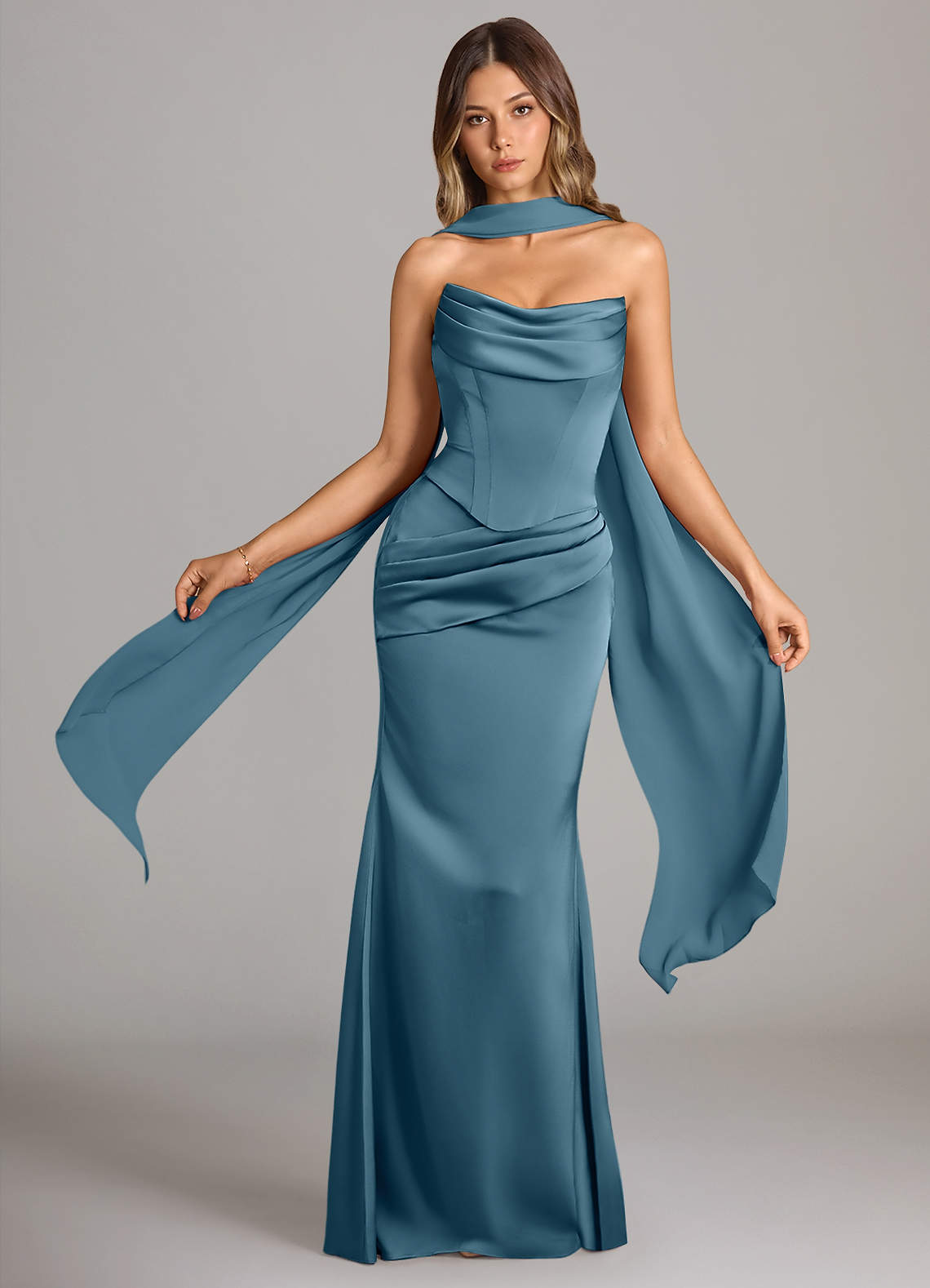 Sorrel Mermaid Cowl-Neck Stretch Satin and Chiffon Bridesmaid Dress in Bermuda