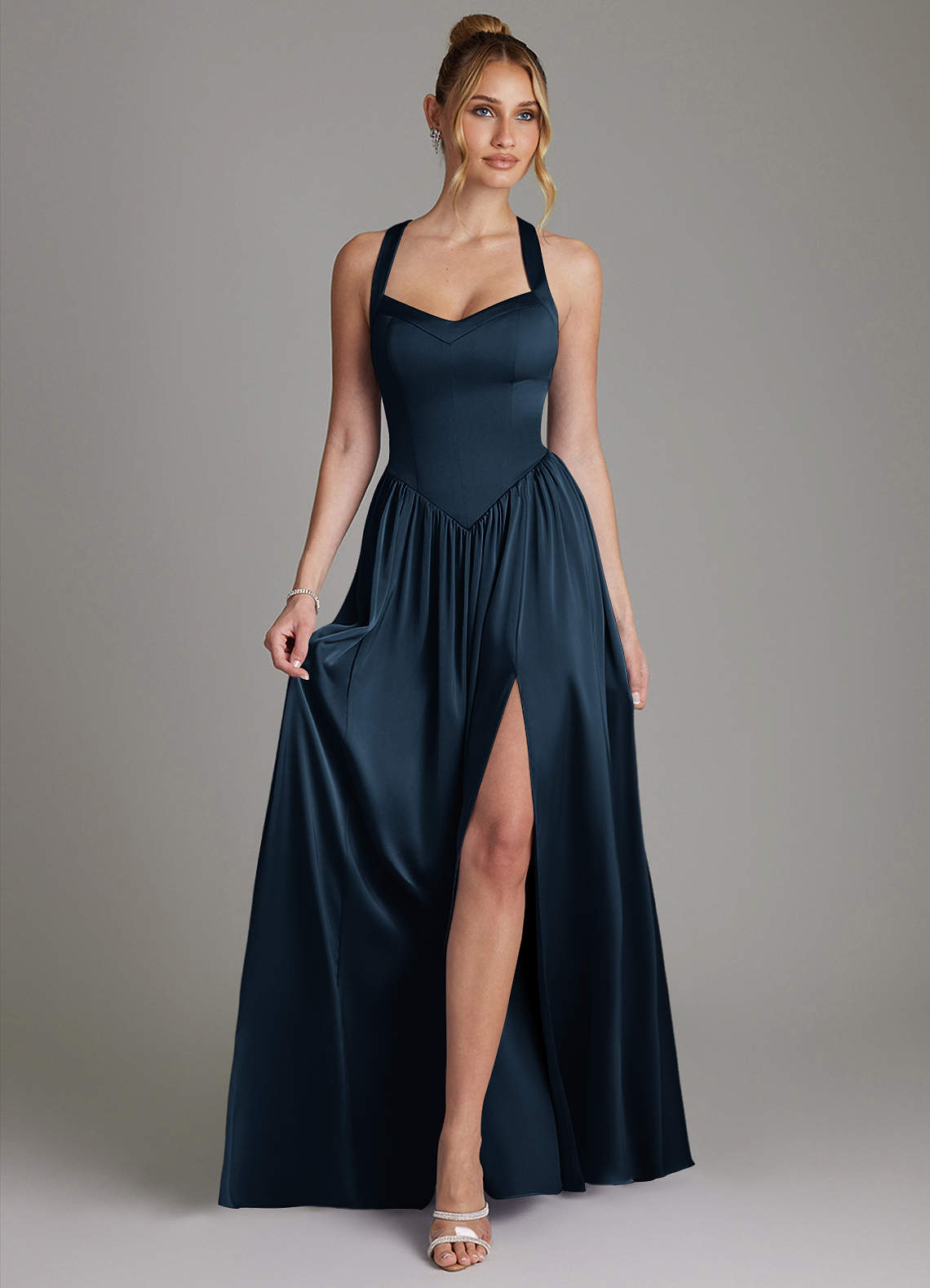 Francis A-Line V-Neck Stretch Satin Bridesmaid Dress in Dark Navy