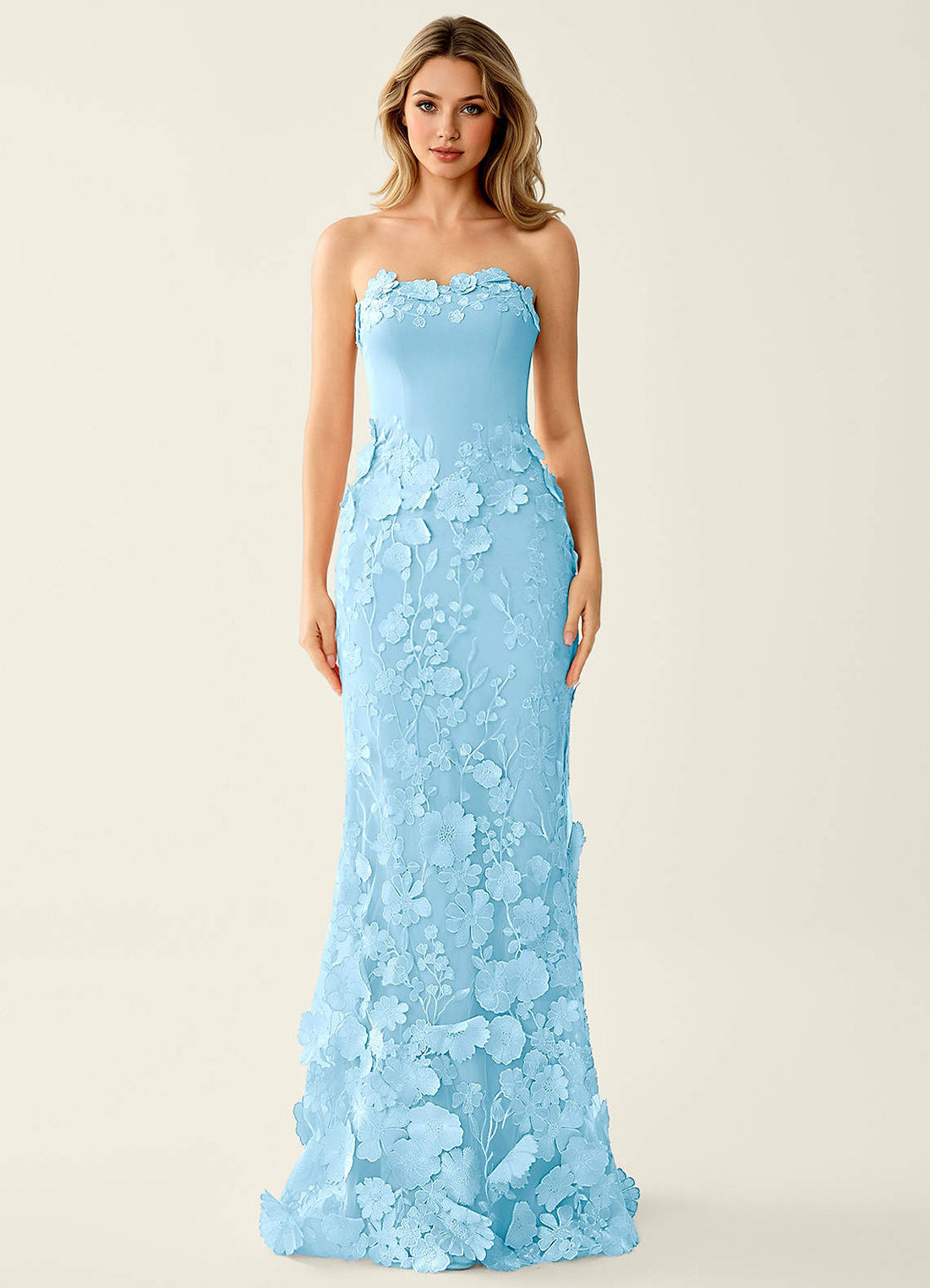 Wrensincia Mermaid Strapless Crystal Linen Satin Evening Dress in Sky Blue