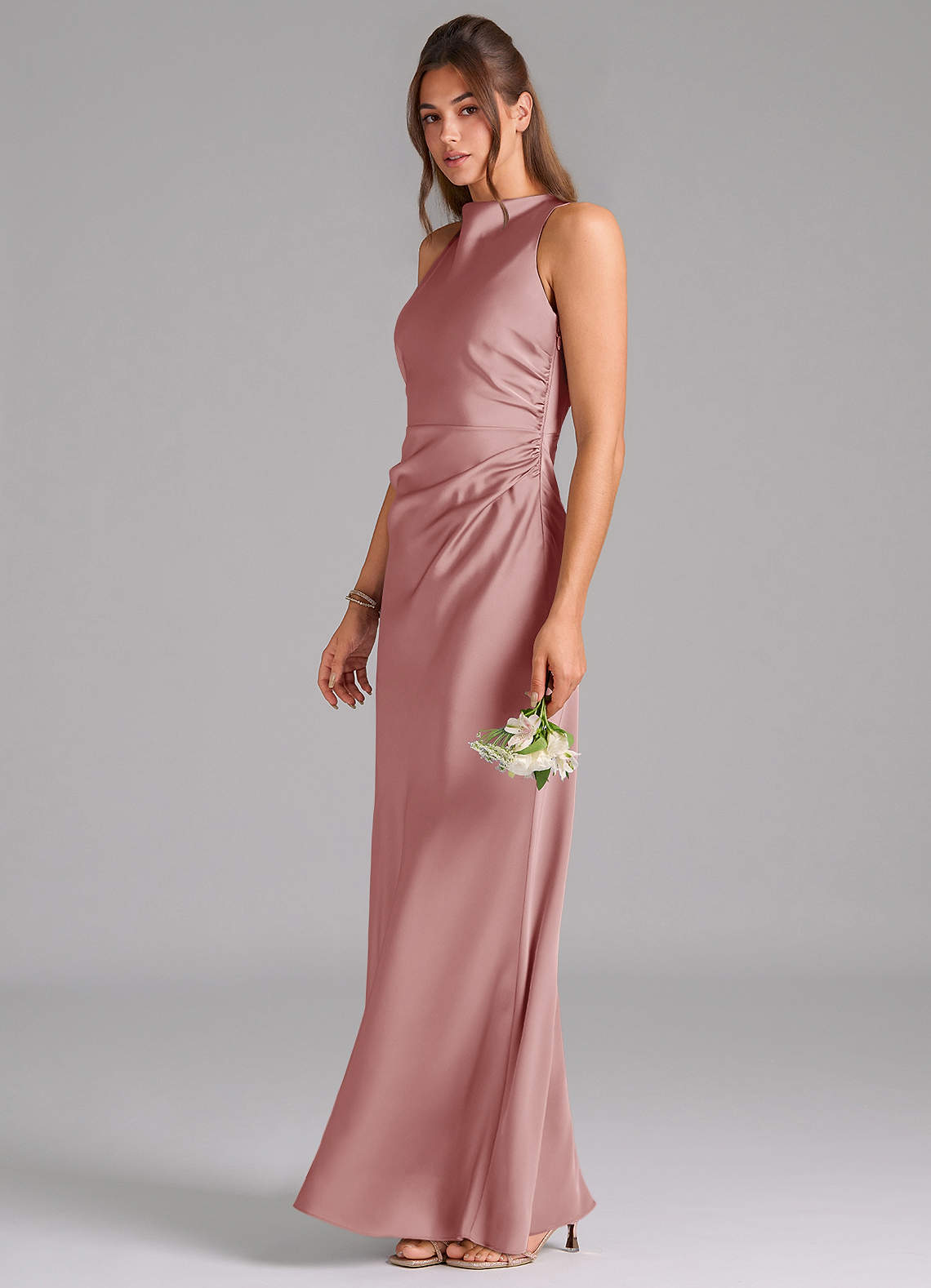 Evadne Sheath Scoop-Neck Stretch Satin Bridesmaid Dress in dusty rose