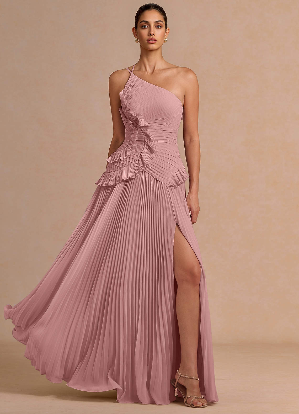 Melody A-Line One-Shoulder Chiffon Evening Dress in Light Pink