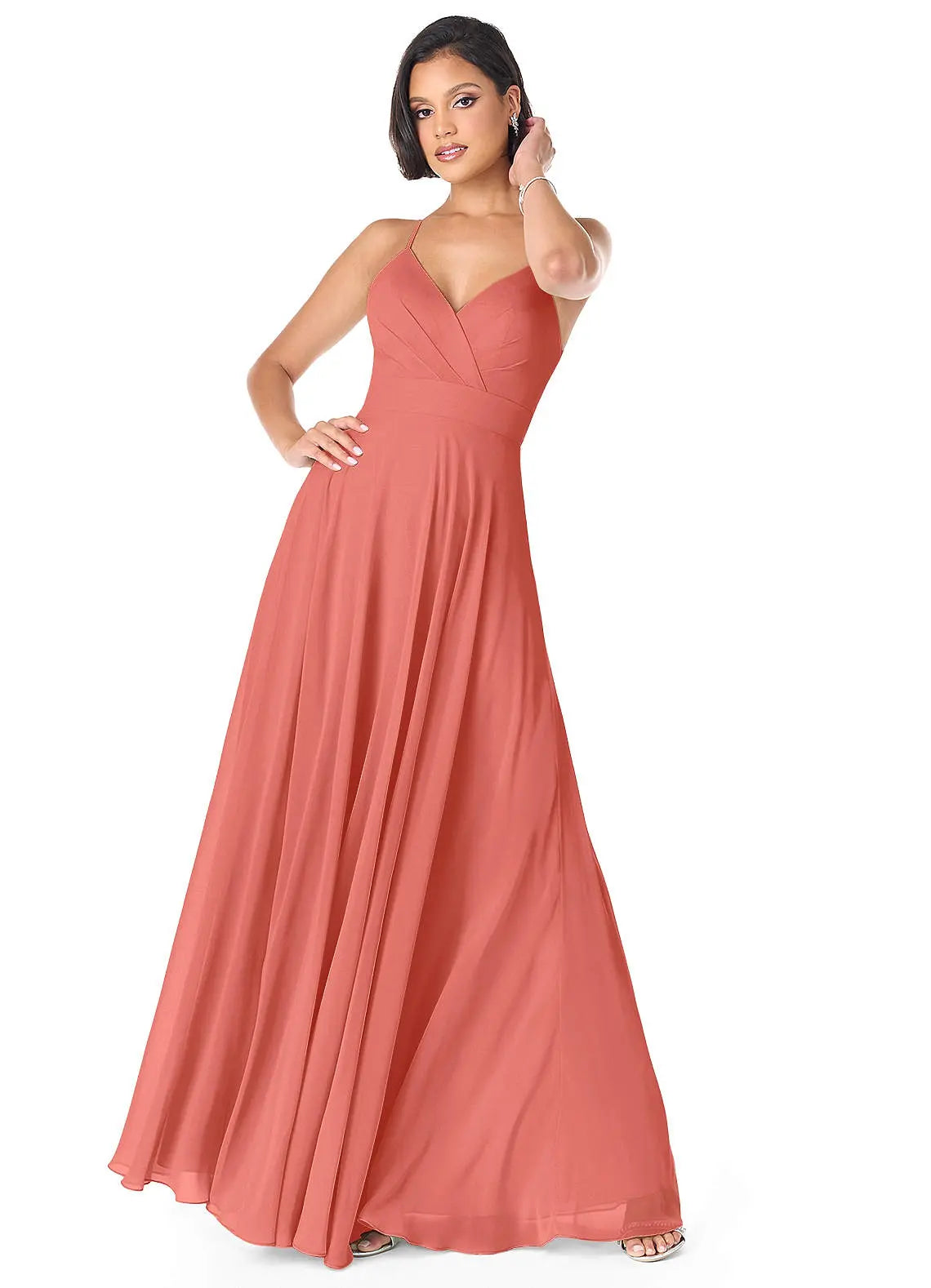 Avelina A-Line V-Neck Chiffon Bridesmaid Dress in Salmon Pink