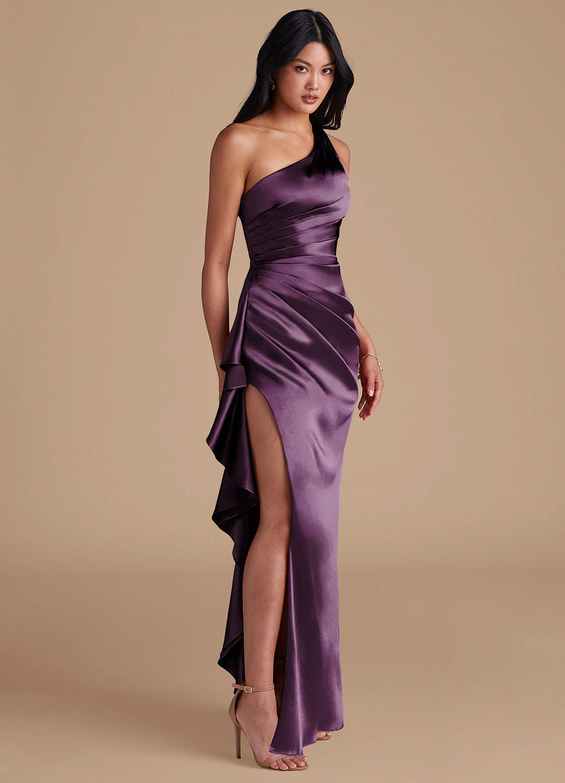 Latrice Sheath One-Shoulder Metallic Satin Bridesmaid Dress in Plum