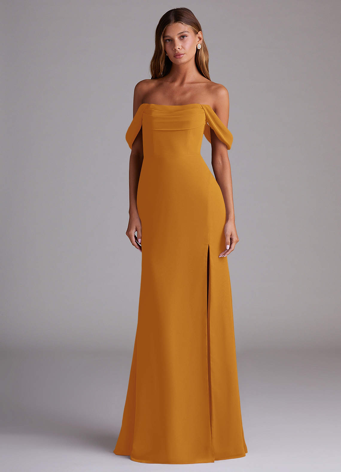 Saige A-Line Off-the-Shoulder Chiffon Bridesmaid Dress in butterscotch
