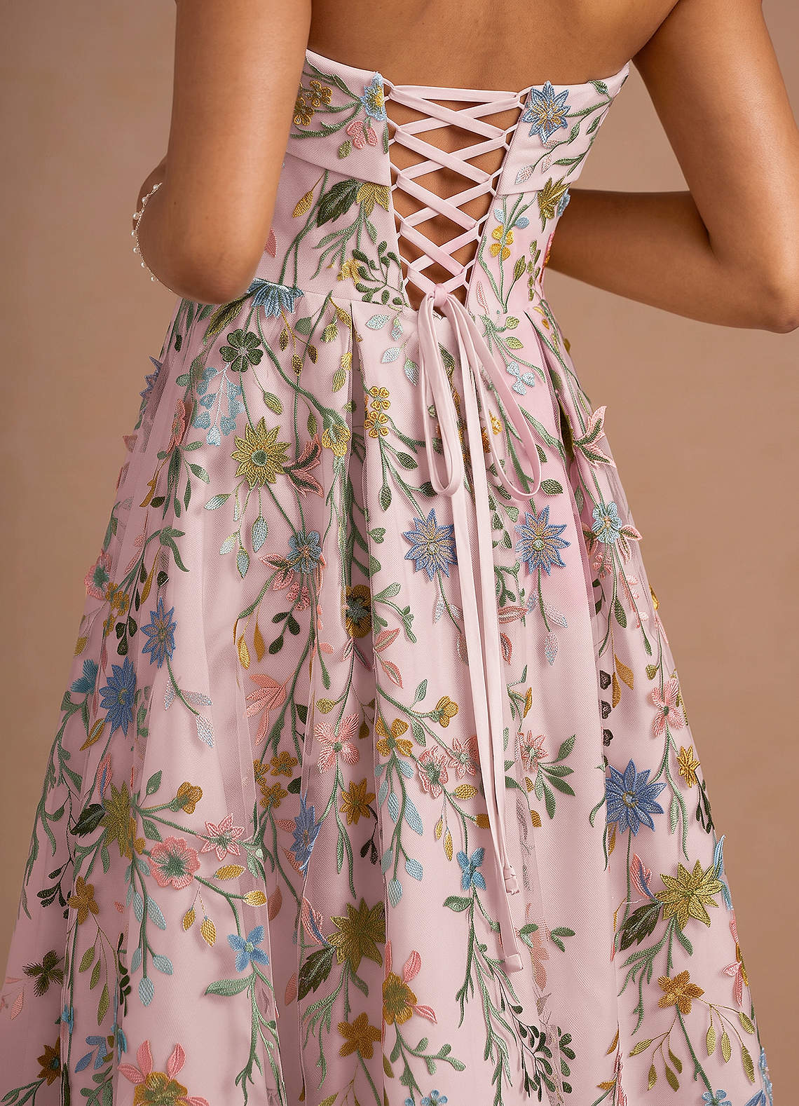 Evangeline Strapless Corset Floral Lace Evening Dress in candy pink