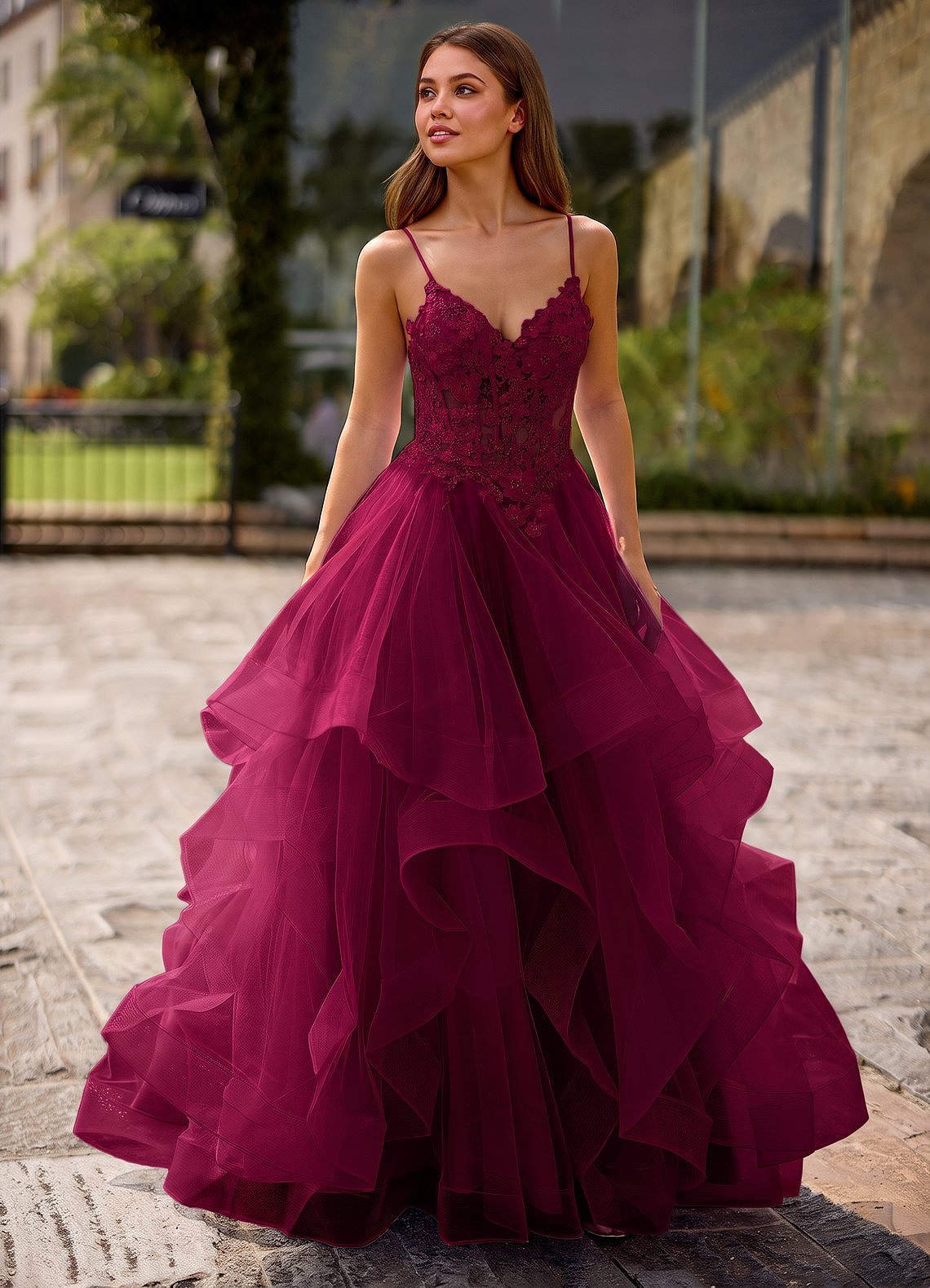 Spitze Ball Gown Sweetheart Lace Tulle Evening Dress in candy pink