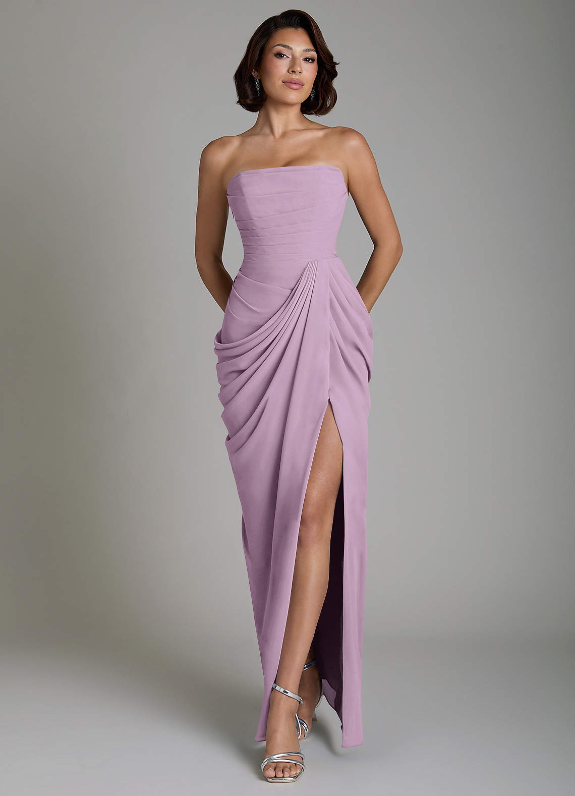Nyra Sheath Strapless Chiffon Bridesmaid Dress in Wisteria