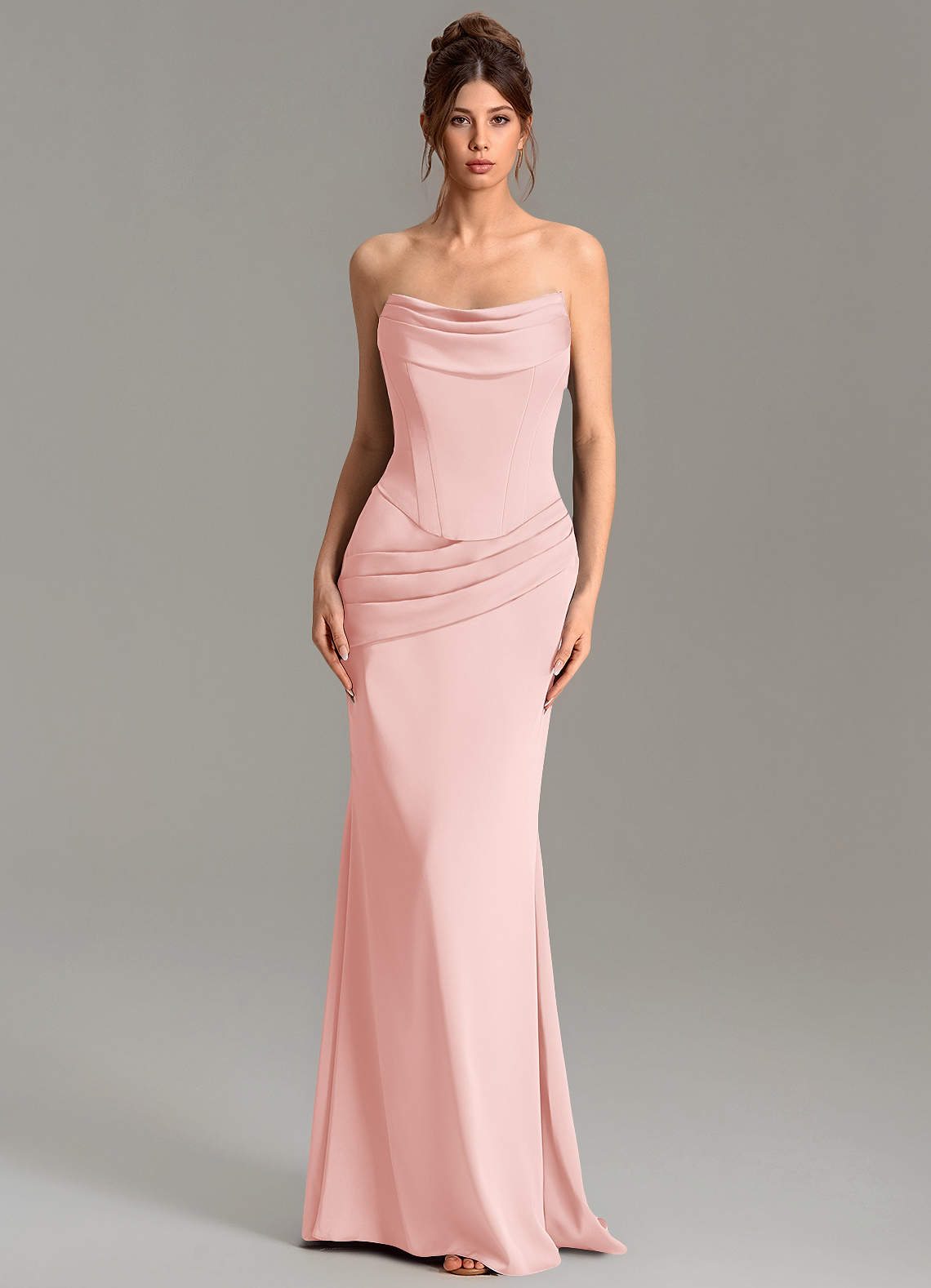 Adrienne Mermaid Cowl-Neck Stretch Satin Bridesmaid Dress in Powder Pink