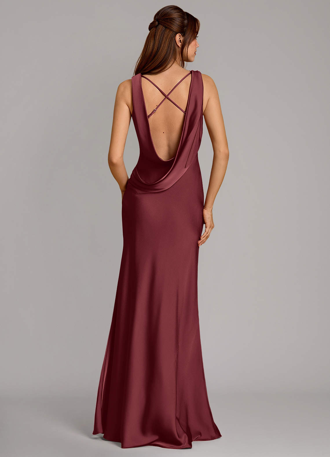Cheryl Mermaid Cowl-Neck Stretch Satin Bridesmaid Dress in Merlot