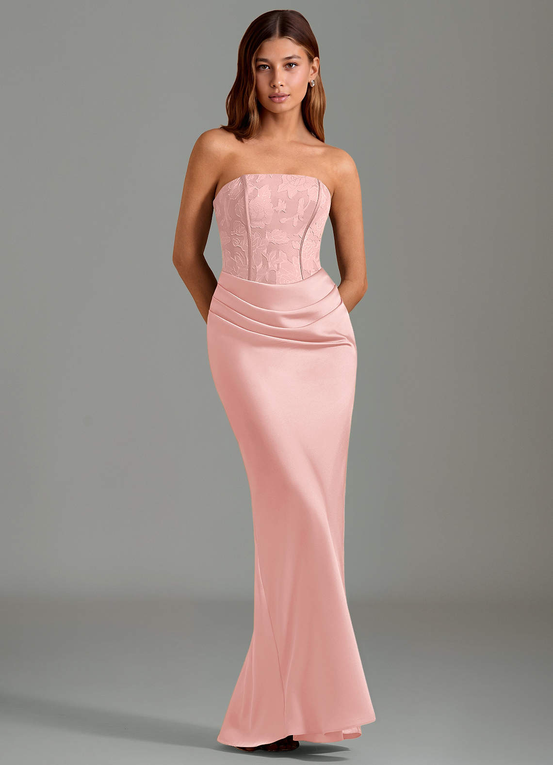 Emilia Mermaid Strapless Stretch Satin and Floral Burnout Bridesmaid Dress in Powder Pink