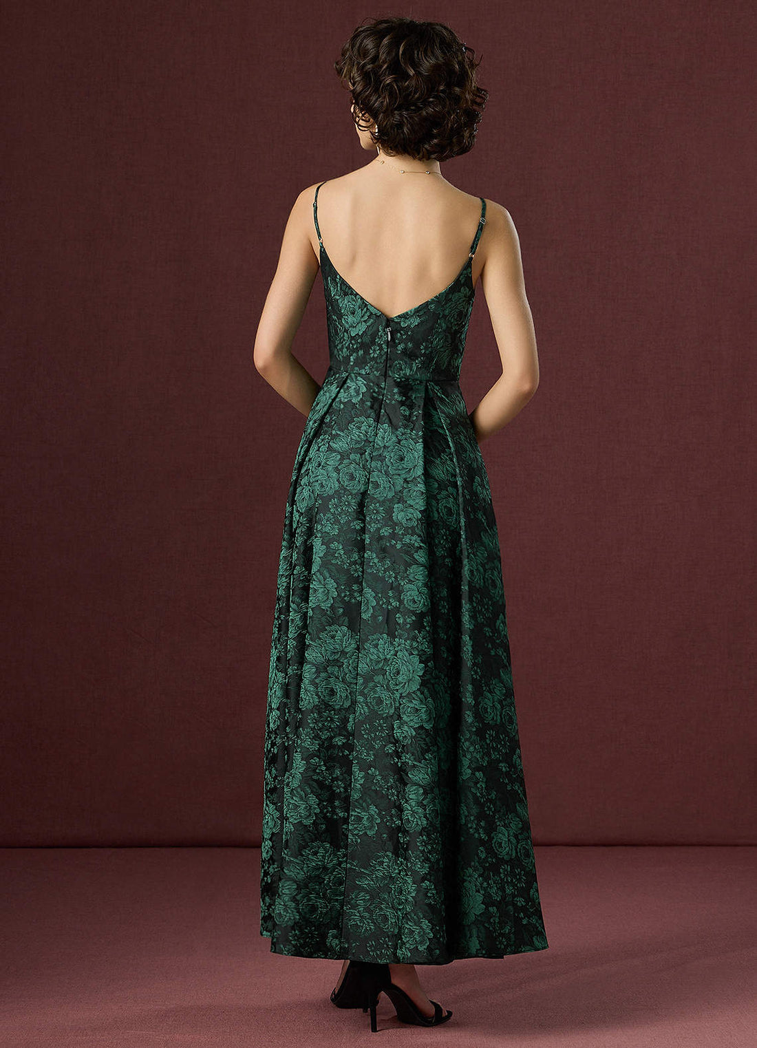 Wendy A-Line V-Back Jacquard Wedding Guest Dress in Black Emerald