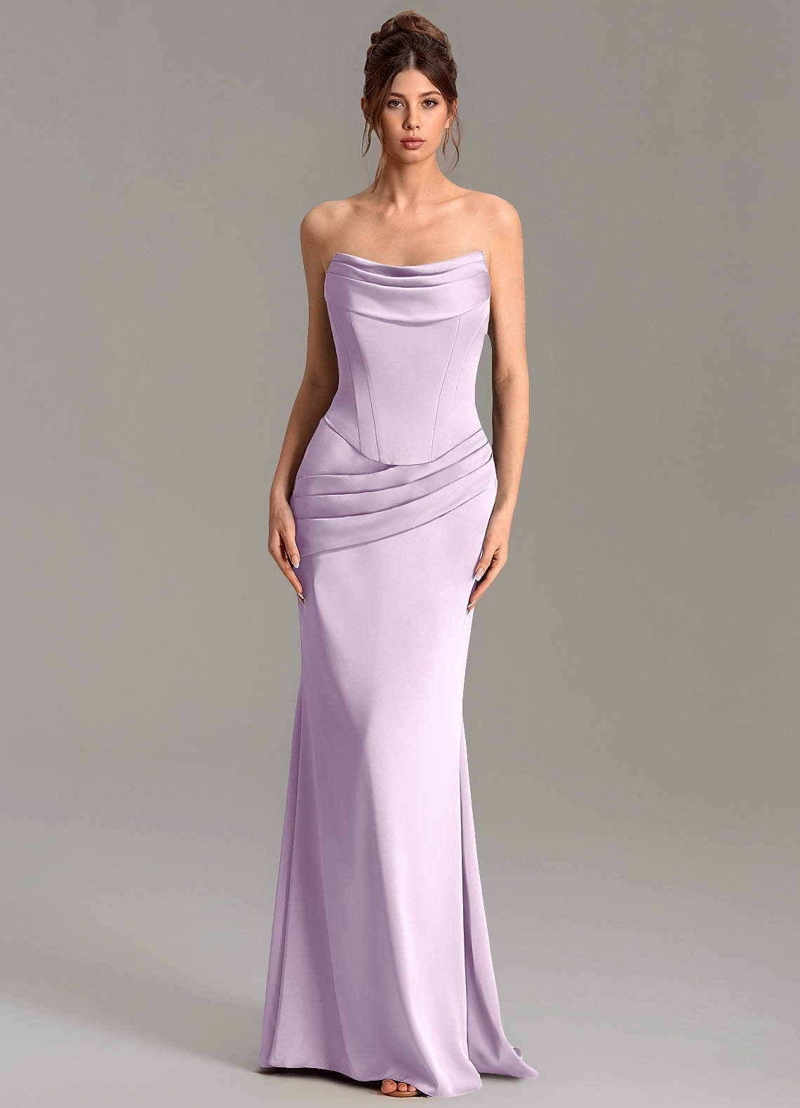 Adrienne Mermaid Cowl-Neck Stretch Satin Bridesmaid Dress in Frosted Lilac