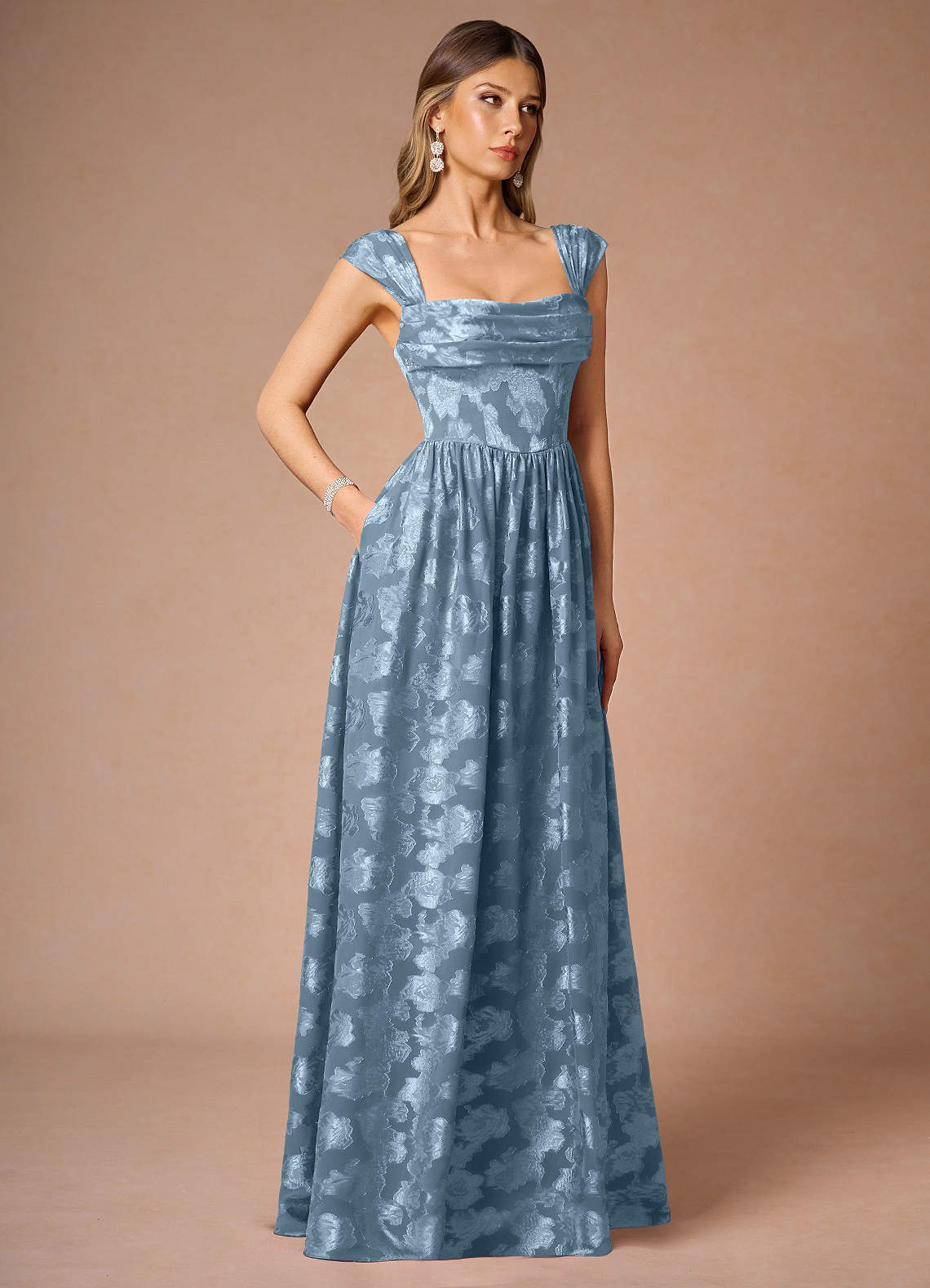 Hazel A-Line Cowl-Neck Fil Coupé Wedding Guest Dress in Dusty Blue
