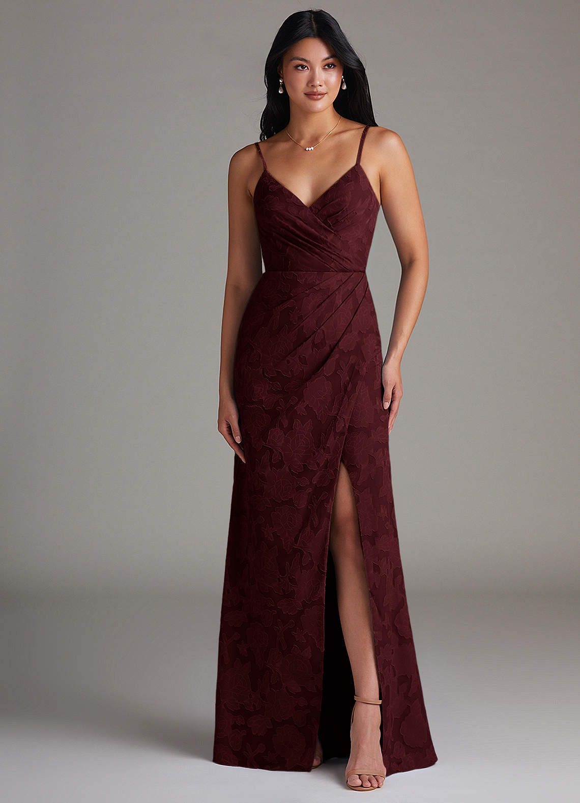 Maci Sheath V-Neck Floral Burnout Bridesmaid Dress in Cabernet