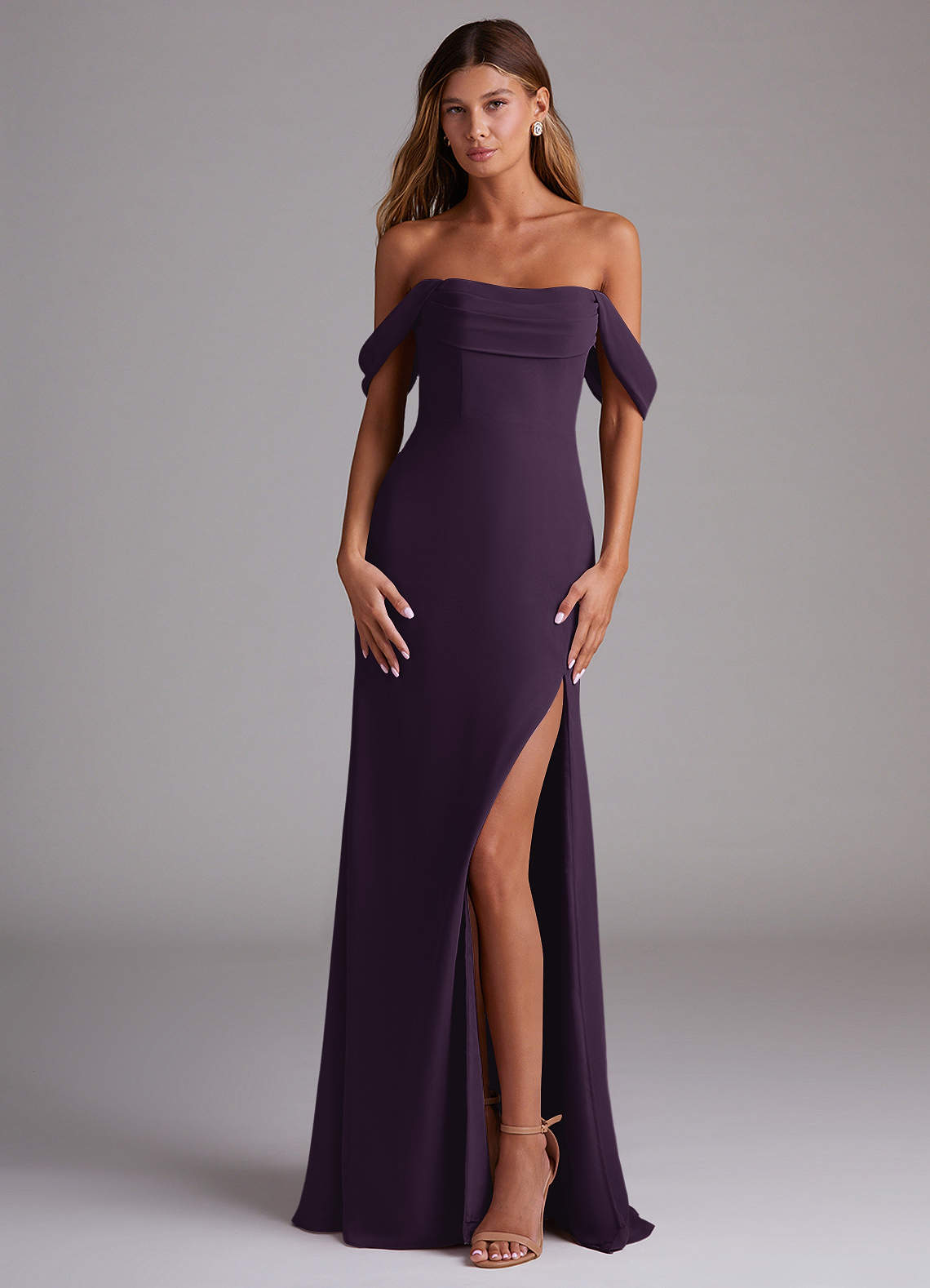 Saige A-Line Off-the-Shoulder Chiffon Bridesmaid Dress in Plum