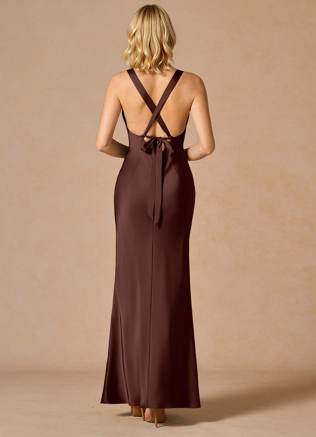 Lily A-Line V-Neck Stretch Satin Evening Dress in Mocha Coco