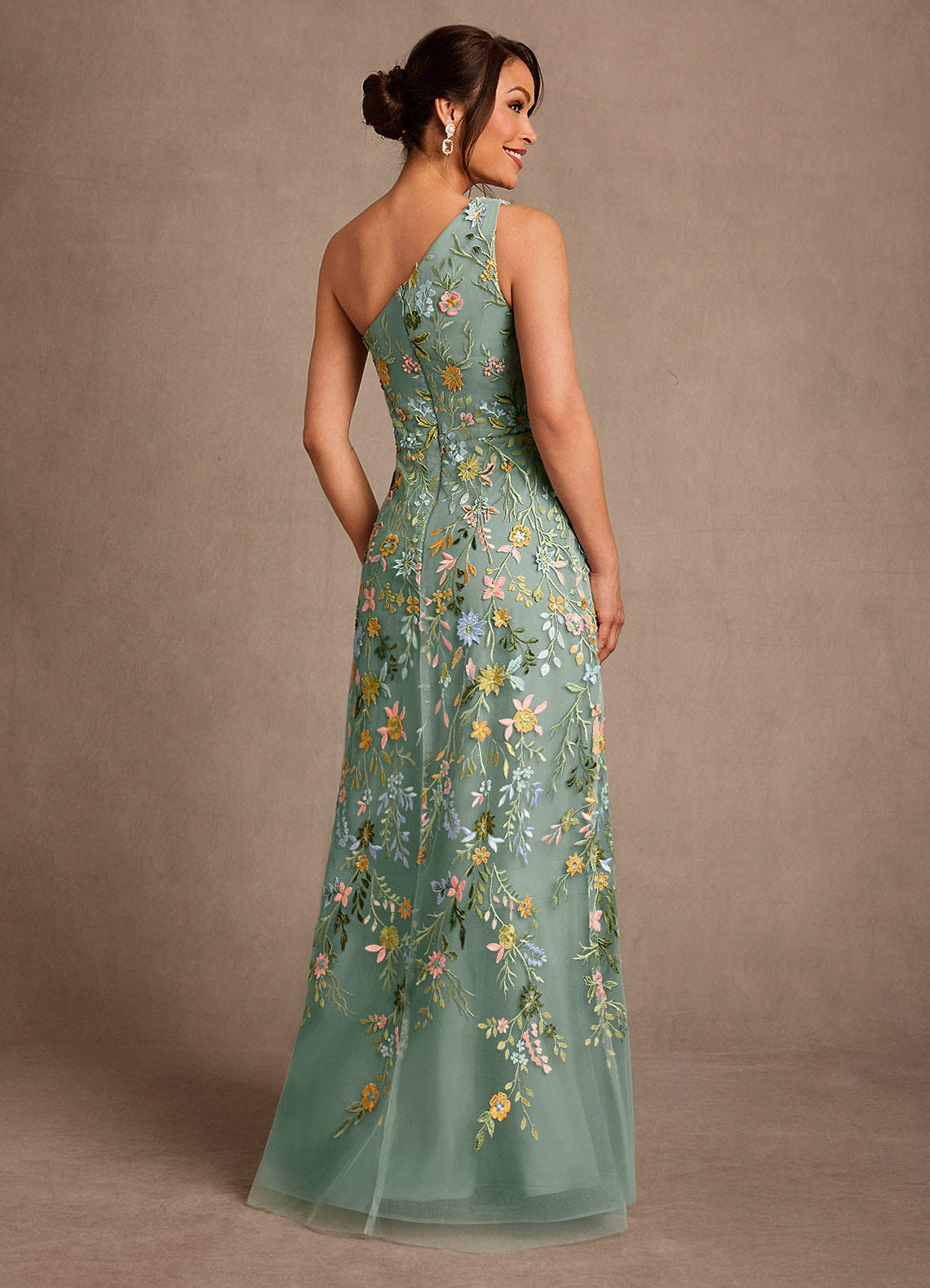 Bertie A-Line One-Shoulder Lace Mother of the Bride Dress in Silver Sage
