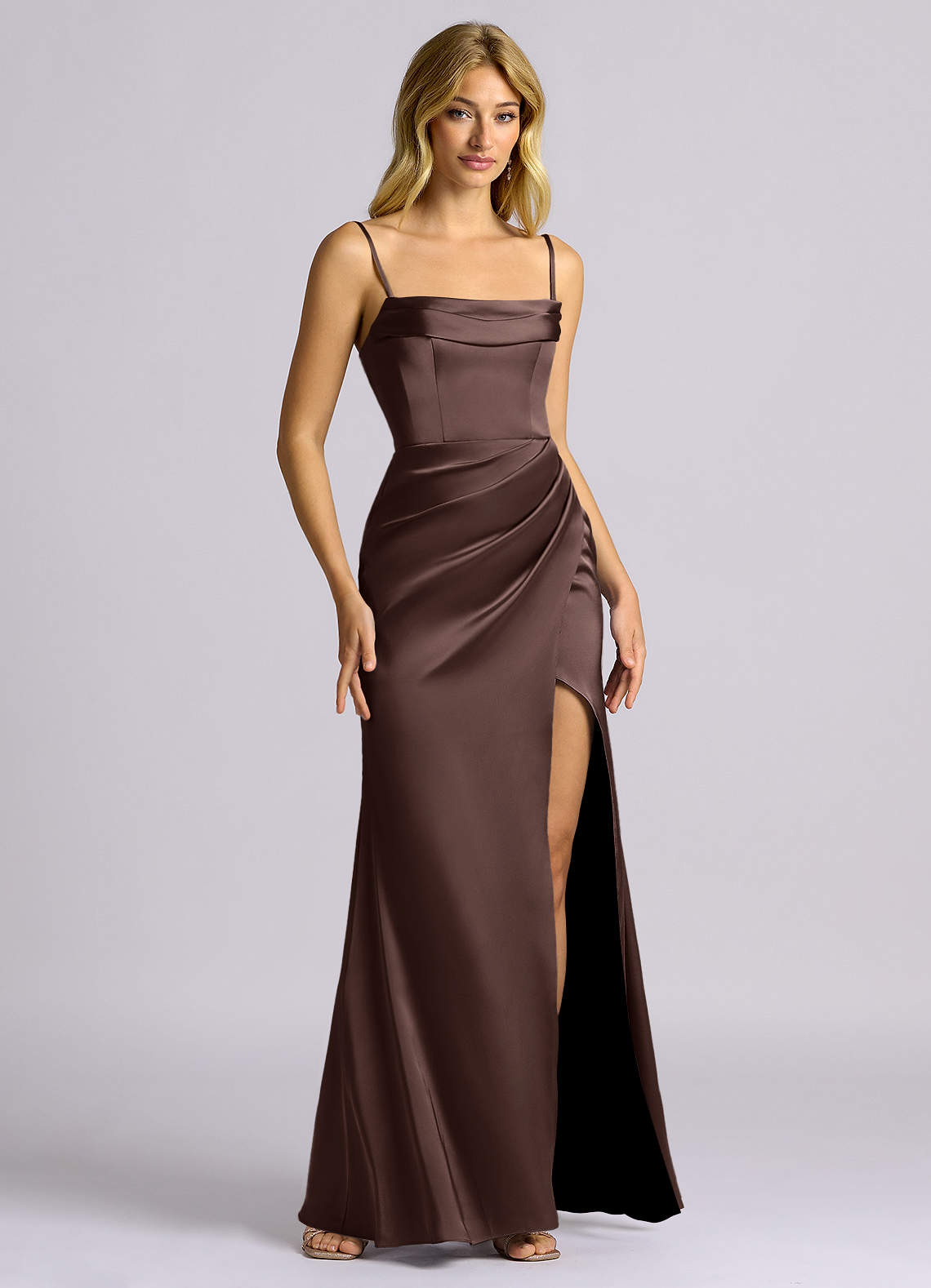 Auden Sheath Off-the-Shoulder Stretch Satin Bridesmaid Dress in Ganache