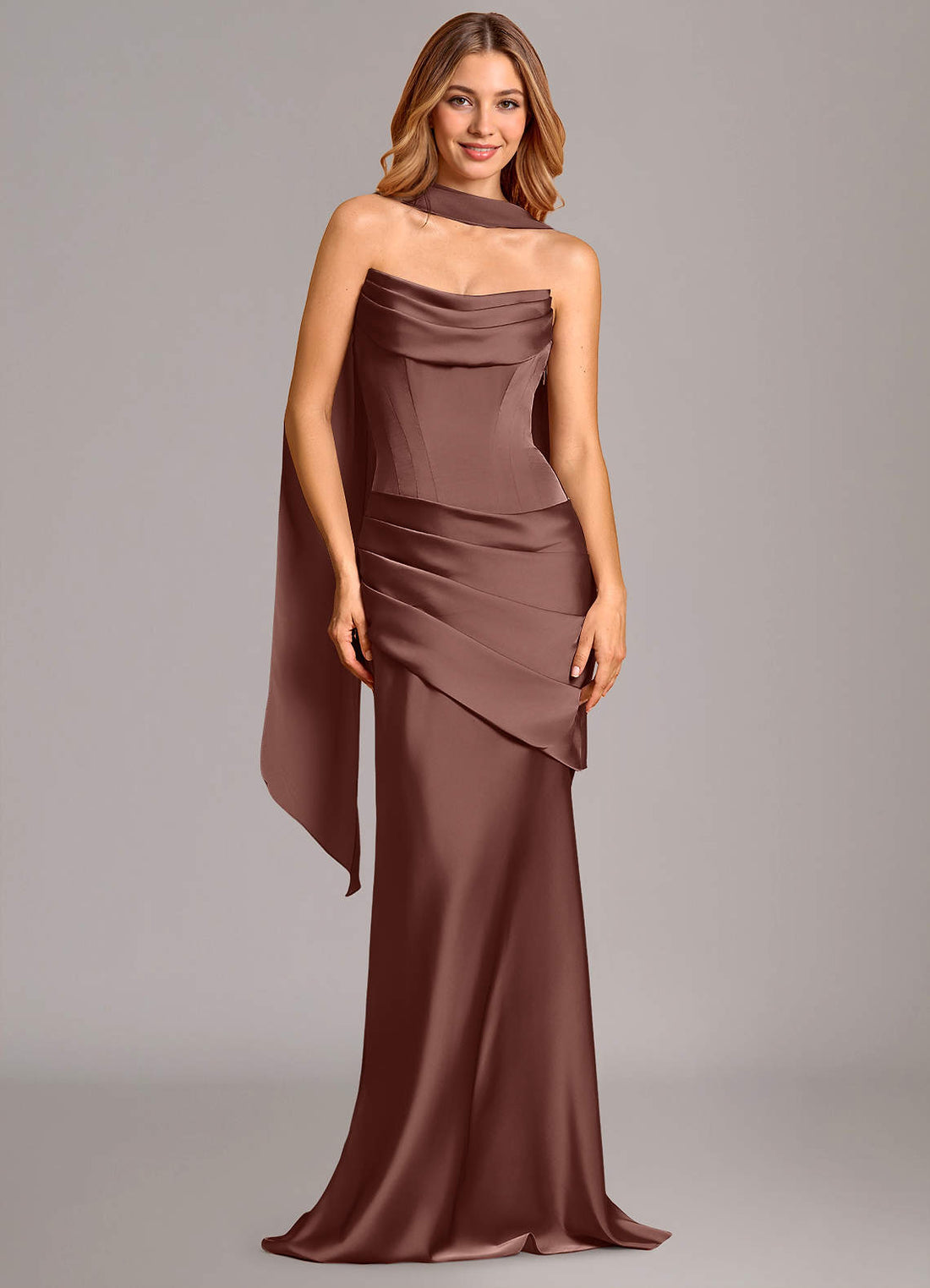Pelagia Mermaid Cowl-Neck Stretch Satin Bridesmaid Dress in Espresso