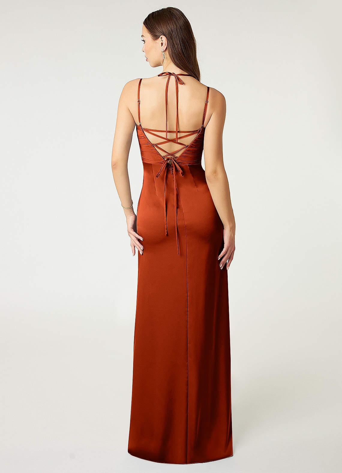 Desi Sheath Halter Stretch Satin Bridesmaid Dress in Paprika
