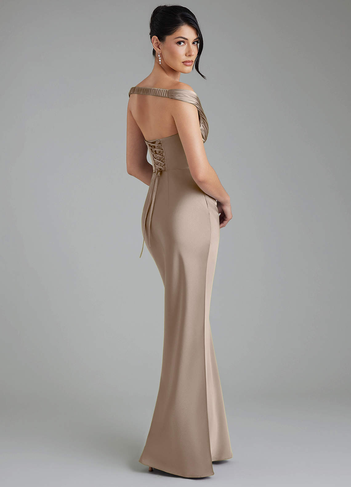 Stella Sheath V-Neck Stretch Satin Bridesmaid Dress in Taupe