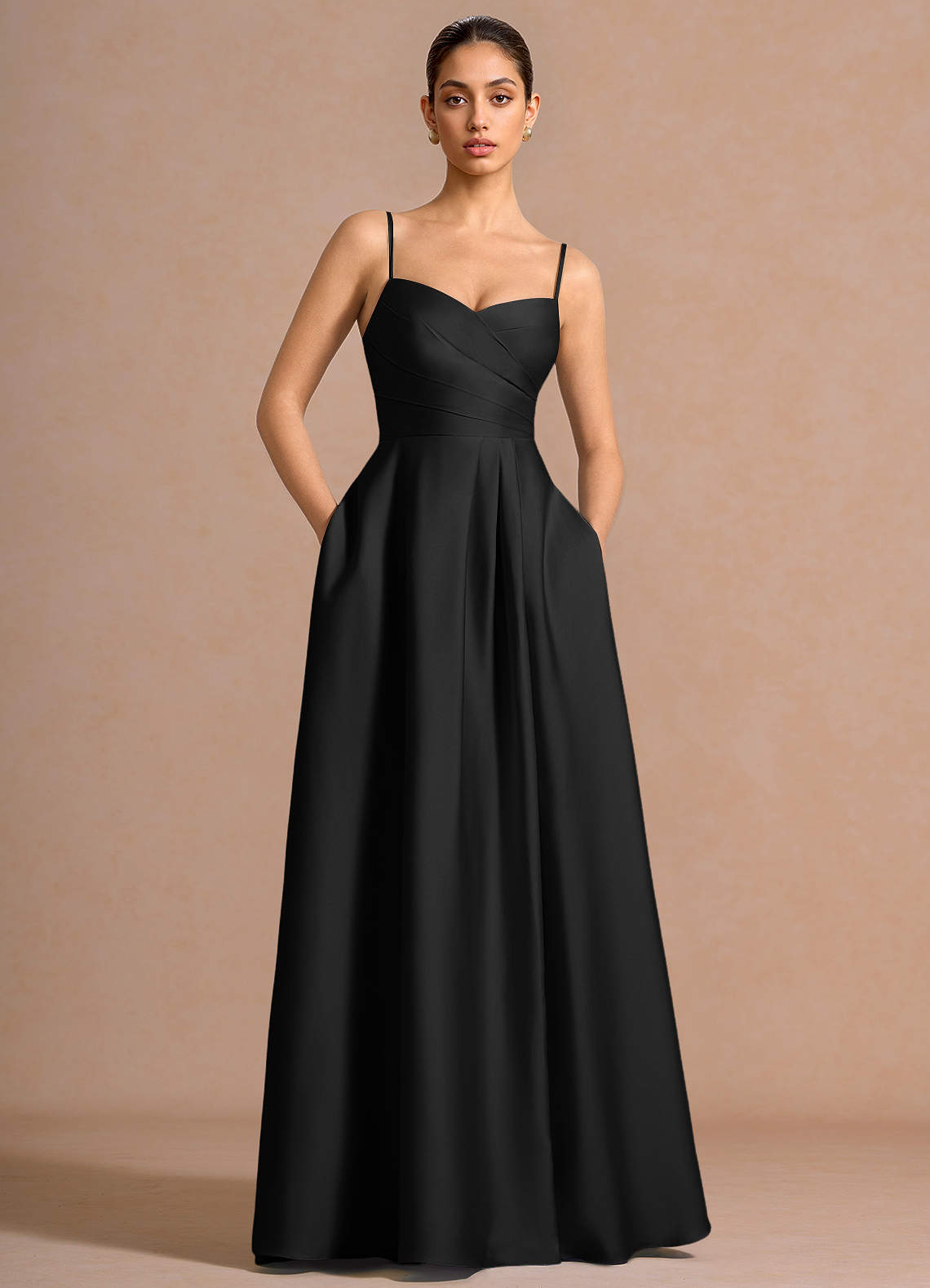 Nancy A-Line V-Neck Stretch Satin and Chiffon Evening Dress in black