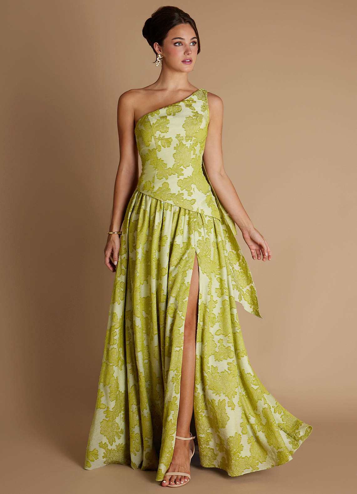 Nayra A-Line One-Shoulder Burnout Wedding Guest Dress in Vintage Chartreuse