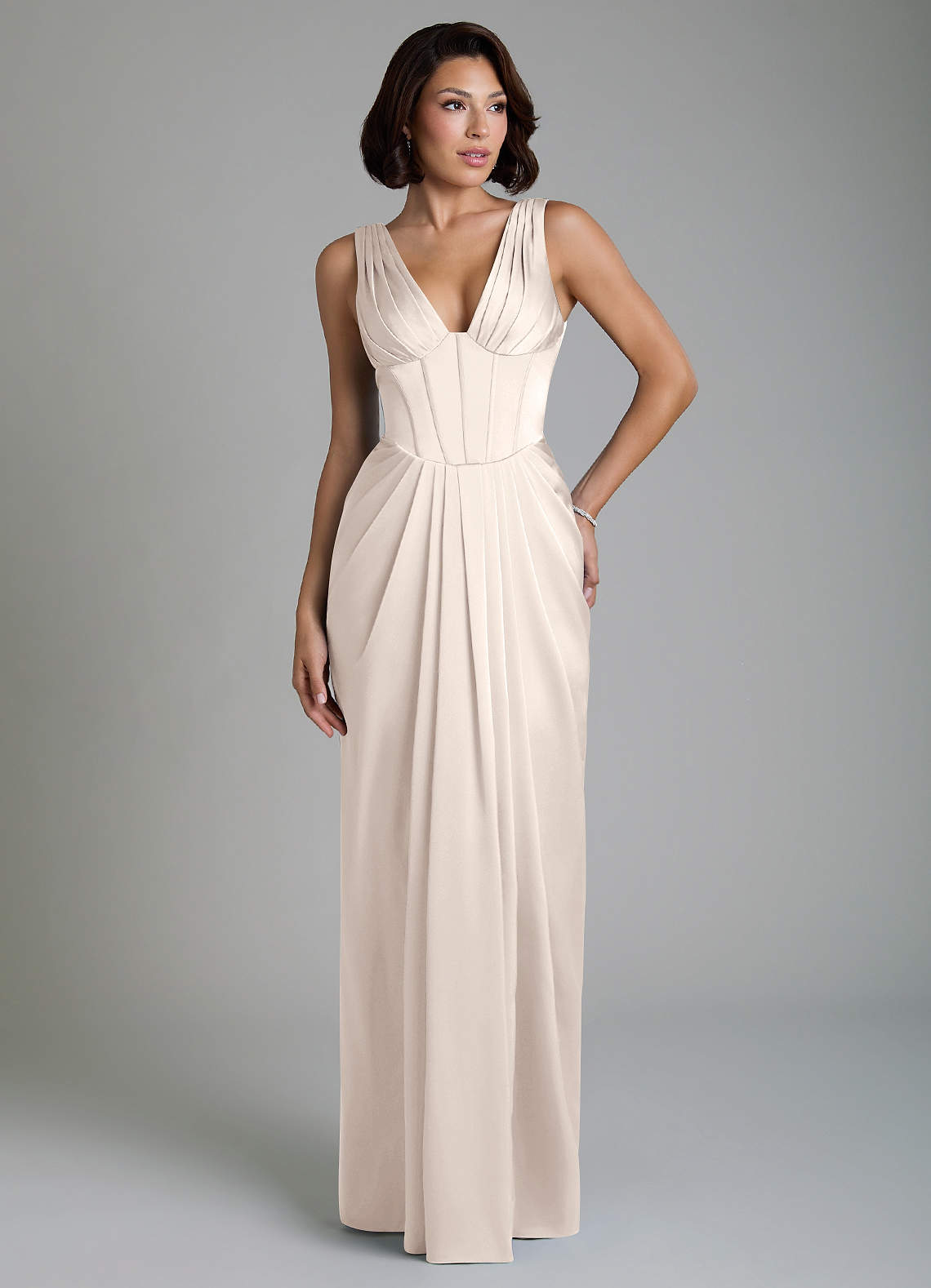 Vanya Sheath V-Neck Stretch Satin Bridesmaid Dress in White Alabaster